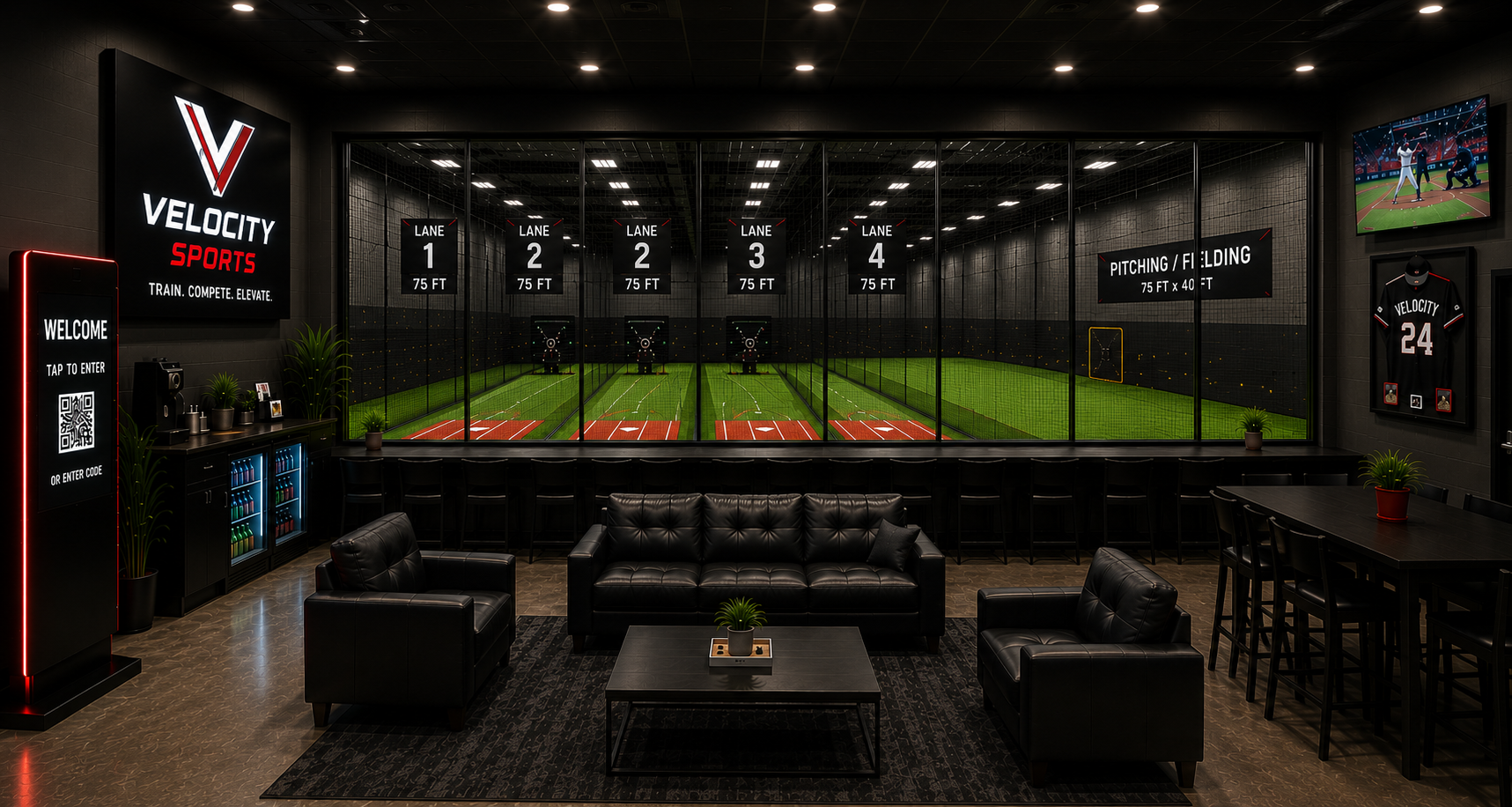Velocity Training indoor facility with five hitting and pitching lanes